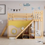 Fortuna Lai - Lit superposé 90x200cm - Lit enfant en bois avec échelle, clôtures, rideau de lit, toboggan et étagère de rangement - Natural