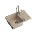 VBChome Évier avec robinetterie - 62 x 44 cm - Beige granit - Évier encastrable - Réversible - Avec robinet d'évier - Siphon - Distributeur de liquide vaisselle