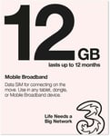 Three PAYG Preloaded 12GB 3G 4G Data SIM Mobile Broadband lasts upto 12 months