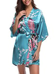 Migcaput Kimono Robe Femme Mariage Satin Court Peignoir Bride Paon Kimono Bridesmaid Chemise de Nuit Peignoir Pyjamas A-bleu clair,XL