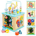 Fajiabao Cube d'Activité Bébé Jouet Bebe 1 an, Jouets Éveil Montessori 1 2 3 Ans, Cadeau Noel Enfant Garçon Fille, 5 en 1 Jeux Bebe en Bois avec Labyrinthe de Perles et Horloge