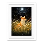 Artery8 Watching the Fireflies Dance Happy Fox over a Wildflower Meadow Oil Painting Orange White Blue Full Moon Spring Night Dreamy Landscape Artwork Framed Wall Art Print 18X24 Inch