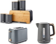 Tower Scandi Grey 7pc Kitchen Set Kettle 2 Slice Toaster Bread Bin Canisters