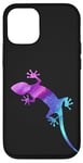 Coque pour iPhone 13 Pro Bleu Violet cyan lézard gecko fond noir amoureux des animaux