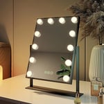 EMKE Hollywood - Miroir de Maquillage avec éclairage à 360° - 3 Couleurs de lumière à intensité Variable - Fonction mémoire - 12 Lampes LED - 30 x 41 cm - Noir