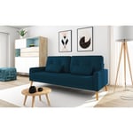 Canapé 3 places scandinave convertible NOVA, assise tissu pieds en bois bleu pétrole