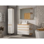 Vente-unique Meuble de salle de bain suspendu bois et blanc avec simple vasque, colonne et armoire de toilette - 94 cm - ANIDA