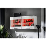 Vitrine Armoire Savona, Blanc/Blanc, Largeur 100 cm x Hauteur 50 cm x Profondeur 30 cm, led rgb, 2 étagères, pour Salon, Chambre, Entrée, Cuisine