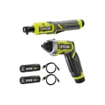 Ryobi - Pack 4V Clé à cliquet RR14W4-0 - 1/4 - Tournevis RSD4-120T - 2 Batteries 2,0Ah - 2 Câbles usb