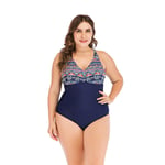 V Neck Printed Monokini Large Size Navy Blue 2xl