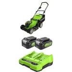 Bundle of Greenworks Lawn Mower 2x24V(48V) Cordless Lawnmower with Mulcher G24X2LM41 + Greenworks 24V Batteries & Dual Slot Charger Battery G24B4 & Charger G24X2C