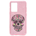 Coque Iphone 12 PRO MAX paillettes rose Mort Fleur calavera