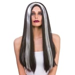 Long Black + Silver Streak Wig Ladies Halloween Morticia Fancy Dress