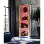 Vitrine Armoire Tivoli, Blanc/Wotan, Largeur 55cm x Hauteur 159cm x Profondeur 35cm, led rgb, 3 étagères, pour Salon, Chambre, Entrée - Komodee