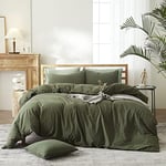 Sedefen Housse de Couette 200 x 200 cm Vert Olive Coton lavé Couleur Unie - Parure de Lit 2 Personnes avec Fermeture Éclair - Aspect ridée Naturel Housse Couette avec 2 Taie d'oreiller 65x65 cm