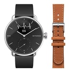 Withings - Scanwatch 38 mm Black Set with 1 Black FKM 18 mm Wristband + 1 Brown Curved Leather Wristband 18 mm - Hybrid Connected Watch with ECG, Heart Rate, SPO2 and Sleep Tracker