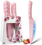 Kitchen Knife Set, Pink Flower 6PC Stainless Steel Sharp Chef Knife Set with Universal Holder, Non-Stick Cooking Knife Set with Ergonomic Handle for Home Restaurant Use