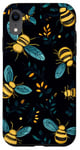 Coque pour iPhone XR Coque de téléphone motif ethnique moderne bleu - abeilles sur noir