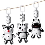 Aolso Bébé Jouets de Poussette,3Pcs Hochet Jouets Noir et Blanc，Jeux Eveil Bebe 0+ Mois pour Fille Garçon, Sensoriel Jouet a Suspendre, Nouveau-né Cadeau, Jouets de siège d'auto pour Nouveau-né