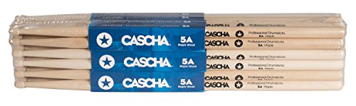 CASCHA Drumsticks de batterie professionnelles 5A robustes en érable I baguettes en bois d'érable I accessoires de batterie professionnels I modèle tête en bois 12 paires (24 pcs.)