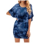 HINK Dress For Woman,Fashion Womens Ladies O-Neck Tie-Dye Printed Bag Hip Short Sleeve Casual Dress Blue,Evening Dress For Woman Uk