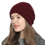 DonDon Bonnet femme hiver Slouch Beanie Bonnet laine tricoté avec doublure chaude en polaire - Rouge foncé