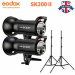 UK 2*Godox SK300II 300Ws Built-in 2.4G Wireless X System Studio Flash +2m stand