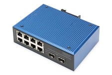 DIGITUS Commutateur réseau PoE - 10 Ports Fast Ethernet - 8X RJ45 + 2X Gigabit SFP-Uplink - IP40 - Montage sur Rail DIN - 10/100 Mbit/s - série Industrielle