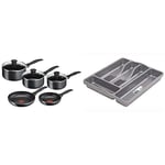 Tefal 5 Piece Origins Stone Pots and Pans Set, Non Stick, Aluminium, Black, & Wham Silver 5 Compartment Plastic Cutlery Holder Tray Drawer Organiser Rack