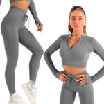 K-MART Gym sets for women 2 piece zip up jacket Workout outfits, Cropped Top, Long Sleeve, Leggings Set for Running, Yoga, Gym, Sports Activity (Grey, XL)