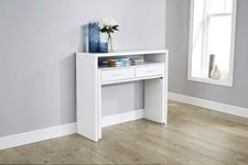 GFW Compact Wood Computer Table Desks for Gaming, Work, Writing & Console with Extendable Shelf & Drawers, White, 101 x 70 x 88 cm