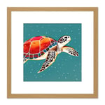 Loggerhead Turtle Red Blue Shell Animal Watercolour Ink Stamp Square Wooden Framed Wall Art Print Picture 8X8 Inch