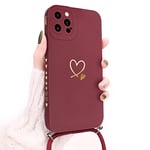 Newseego Lanyard Coque Compatible avec iPhone 12 Pro Max，Coque en Silicone Liquide Motif Coeur Mignon pour Femmes Filles Cadre Latéral iPhone 12 Pro Max Coque avec Sangle de Cou Réglable-Claret