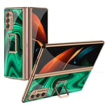 for Samsung Galaxy Z Fold 2 5G Case Plating Glass All-Inclusive Hard Shell Cover with 360° Rotable Magnetic Ring Stand，green