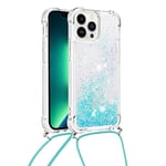 COTDINFOR Coque avec Cordon pour iPhone 15 Pro Max Paillette Briller Liquide Gel Protection Housse Quicksand Case,Lanyard Collier Réglable,Clear Antichoc Housse for iPhone 15 Pro Max Star Blue YBFSS.