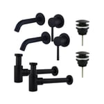 Calvi Kit robinet lavabo - pour double vasque - robinet rehaussé - bonde clic clac - siphon design bas - Noir mat - Fortifura