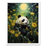 Midsummer Night's Panda Dream Oil Painting Panda Bear in a Full Moon Sunflower Field Landscape Kids Bedroom Art Print Framed Poster Wall Decor 12x16 i