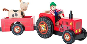 small foot 10316 Tracteur avec remorque « Ferme » en bois, avec poupées pliables fermier et vache, pneus en caoutchouc, à partir de 3 ans