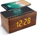 Radio Réveil Numérique En Bois Avec Radio Fm,Station De Charge Sans Fil Rapide Pour Iphone/Samsung Galaxy,Alarm Clock Et Affichage Led,Variateur À 5 Niveaux,Port Usb,Minuterie De Sommeil, Marron