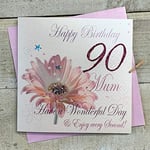 White Cotton Cards wba90 Motif Mum Rose Gerbra 90, Mum Happy Birthday Have a Wonderful Day Fait Main Carte de souhaits Motif mom 90th Birthday