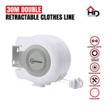 Retractable Clothes Reel Double Washing Line 30m Wall Mounted Outdoor Laundry