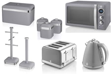 SWAN Retro Grey Jug Kettle 4 Slice Toaster Microwave & Kitchen Storage Set of 9