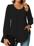 Bestbee Womens Long Sleeve Tunic Tops Dressy Chiffon Blouses Crew-Neck Smocked Cuffs Sleeve Shirts Casual T-Shirts Ladies Pleated Tops, Black, L