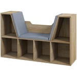 Bibliothèque banc 2 en 1 design contemporain 6 casiers 3 coussins fournis 102L x 30l x 61H cm aspect chêne clair gris