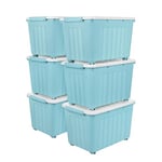 Cetomo 55L*6 Boîtes de Rangement avec Couvercles, Boîte de Rangement en Plastique avec Clips et Roulettes, Empilables, Encastrables, pour Placard de Bureau à Domicile, Bleu, 55L, Lot de 6