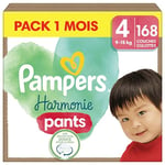 Pampers Harmonie Pants, Taille 4, 168 Couches-Culottes, 9-15kg, Maintien Complet 360°, Ingrédients d’origine végétale, Maintenant Avec un Emballage Recyclable en Papier, Pack 1 Mois