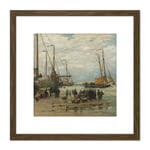 Mesdag Fishing Pinks In Breaking Waves Painting 8X8 Inch Square Wooden Framed Wall Art Print Picture with Mount