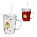 Relaxdays Verre pour Enfant en Lot de 2, Motif d'ours Brun, avec Anse, Couvercle et Paille, 400 ML gradué, Transparent