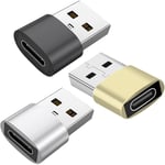 Adaptateur USB C Femelle vers USB Mâle (Lot de 3), Adaptateur USB-C vers USB-A OTG Compatible avec iPhone 11 12 13 Pro, Samsung Galaxy S22 S21 S20, MacBook, PC, dans Voiture (Noir/Or/Argent)