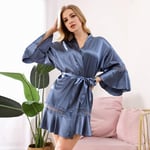 Robe De Chambre Satin Femme,Saint Valentin Lingerie Sexy Soie Soyeuse À Volants Babydoll Robe Robe Dentelle Épissage Peignoir Kimono Chemises Vêtements De Nuit Homewear Pour Ami Cadeaux,Bleu,Xxl